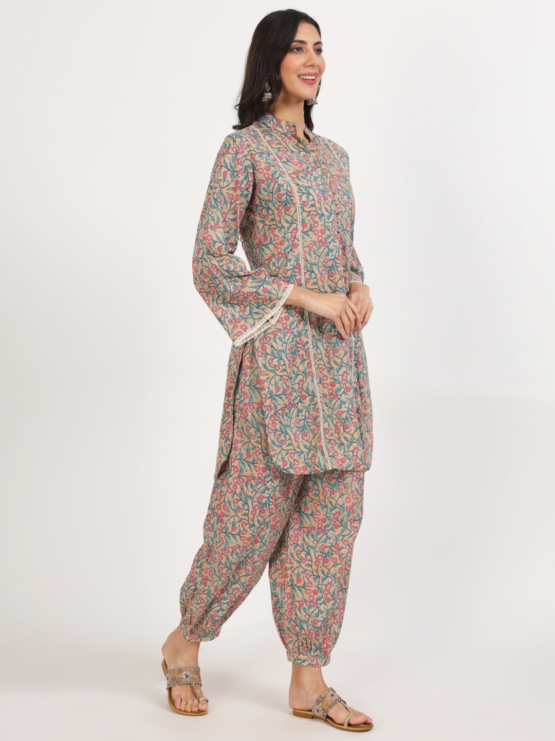 Noe Velarro Beige Floral Printed Cotton Co-ord Set