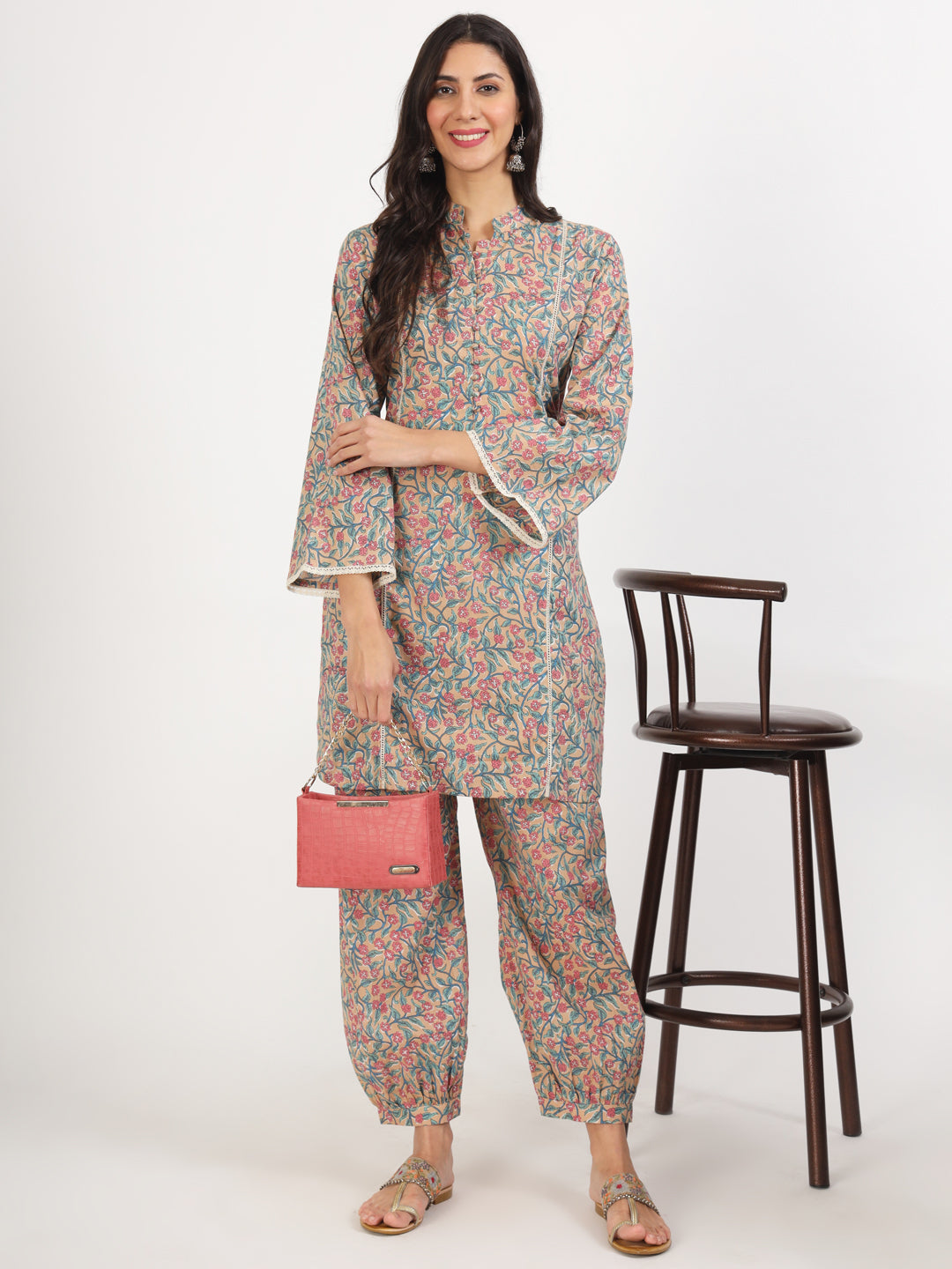 Noe Velarro Beige Floral Printed Cotton Co-ord Set