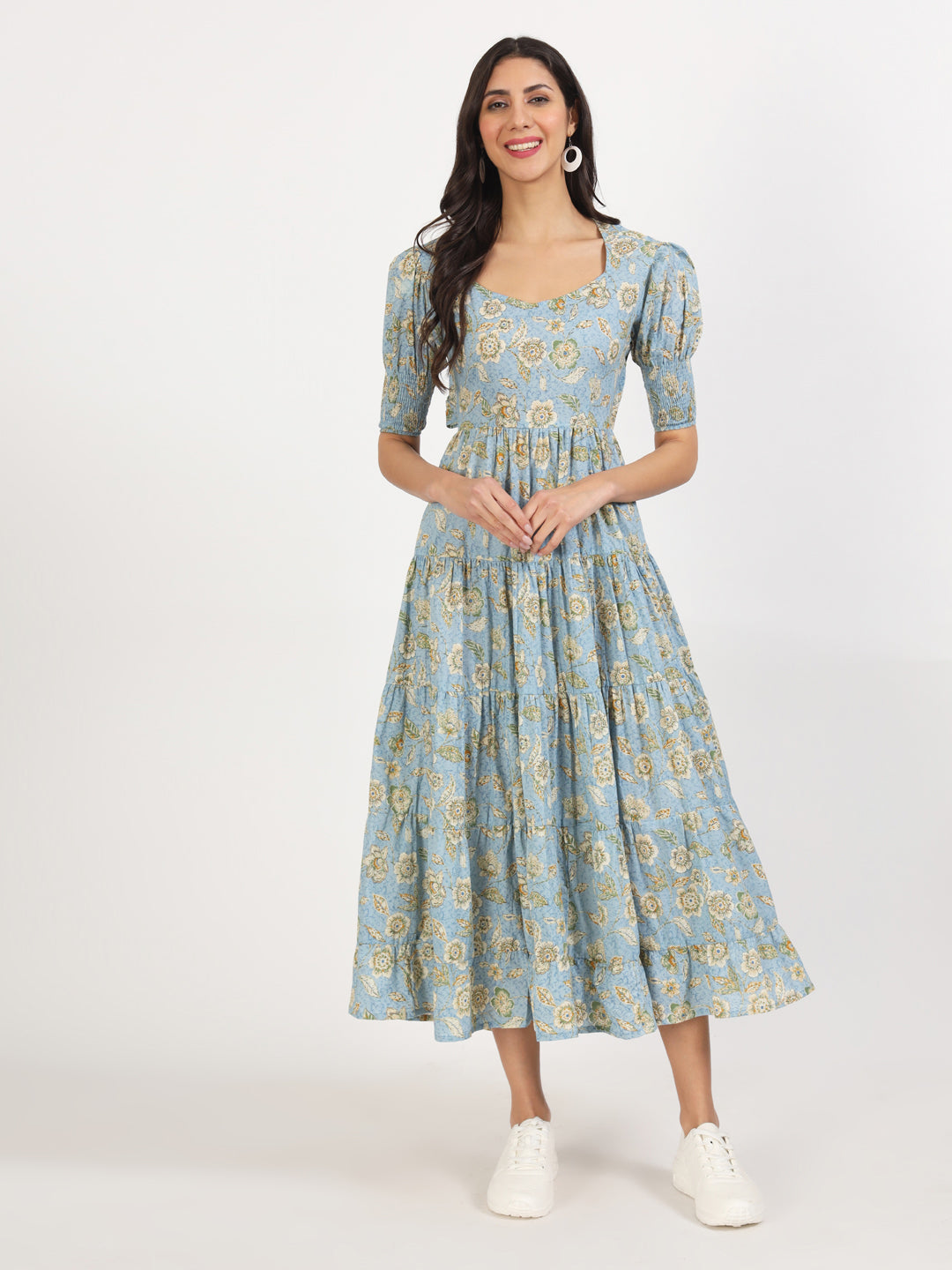 Noe Velarro Sky Blue Floral Printed Calf length Dress