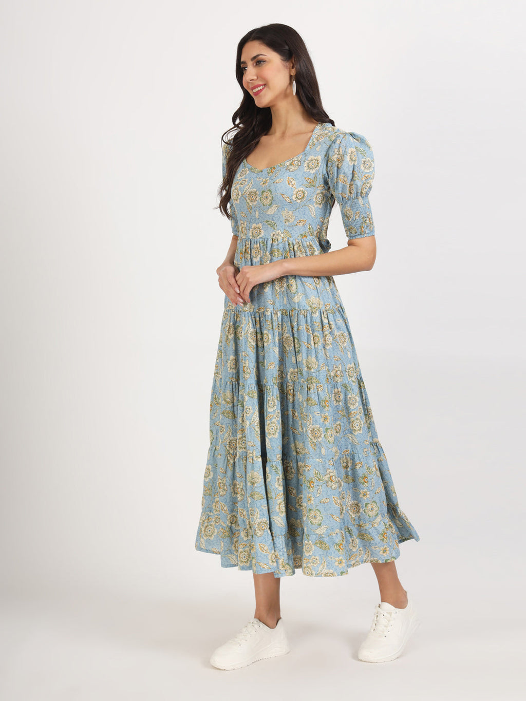 Noe Velarro Sky Blue Floral Printed Calf length Dress