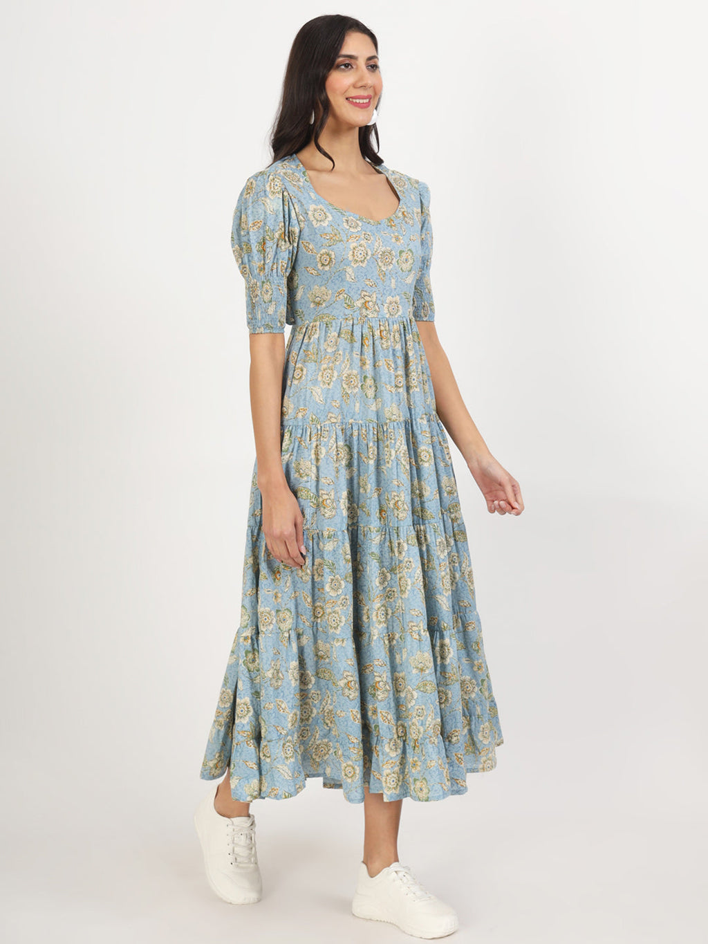 Noe Velarro Sky Blue Floral Printed Calf length Dress