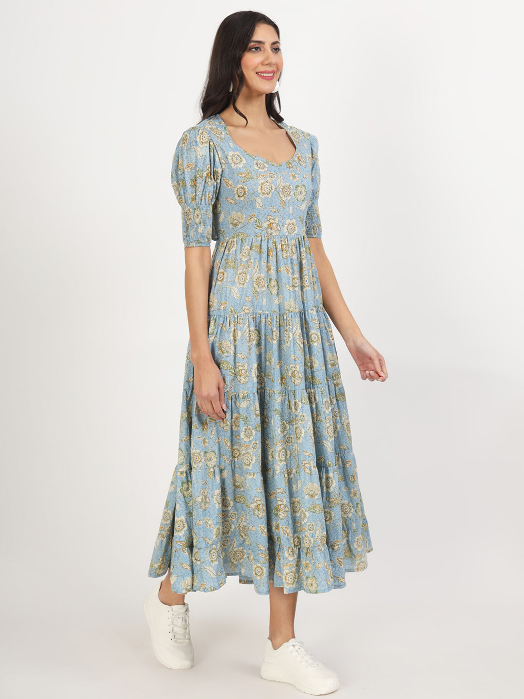 Noe Velarro Sky Blue Floral Printed Calf length Dress
