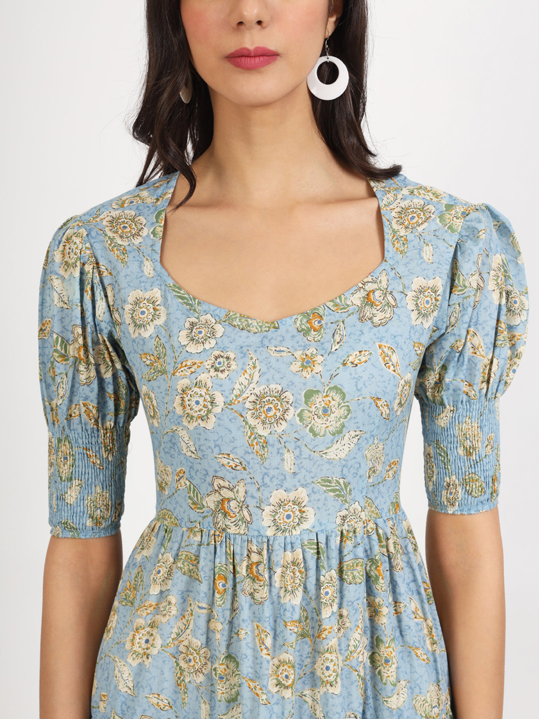 Noe Velarro Sky Blue Floral Printed Calf length Dress