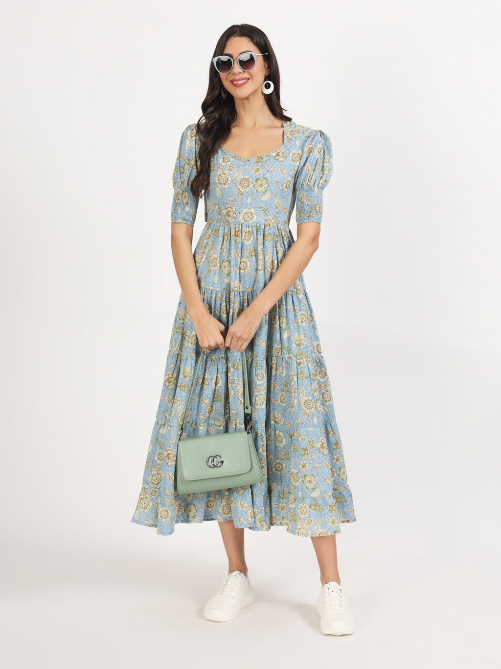 Noe Velarro Sky Blue Floral Printed Calf length Dress