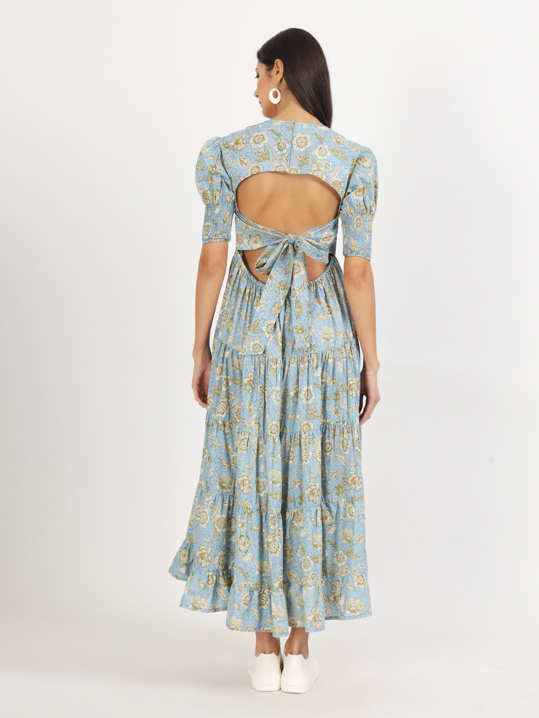 Noe Velarro Sky Blue Floral Printed Calf length Dress