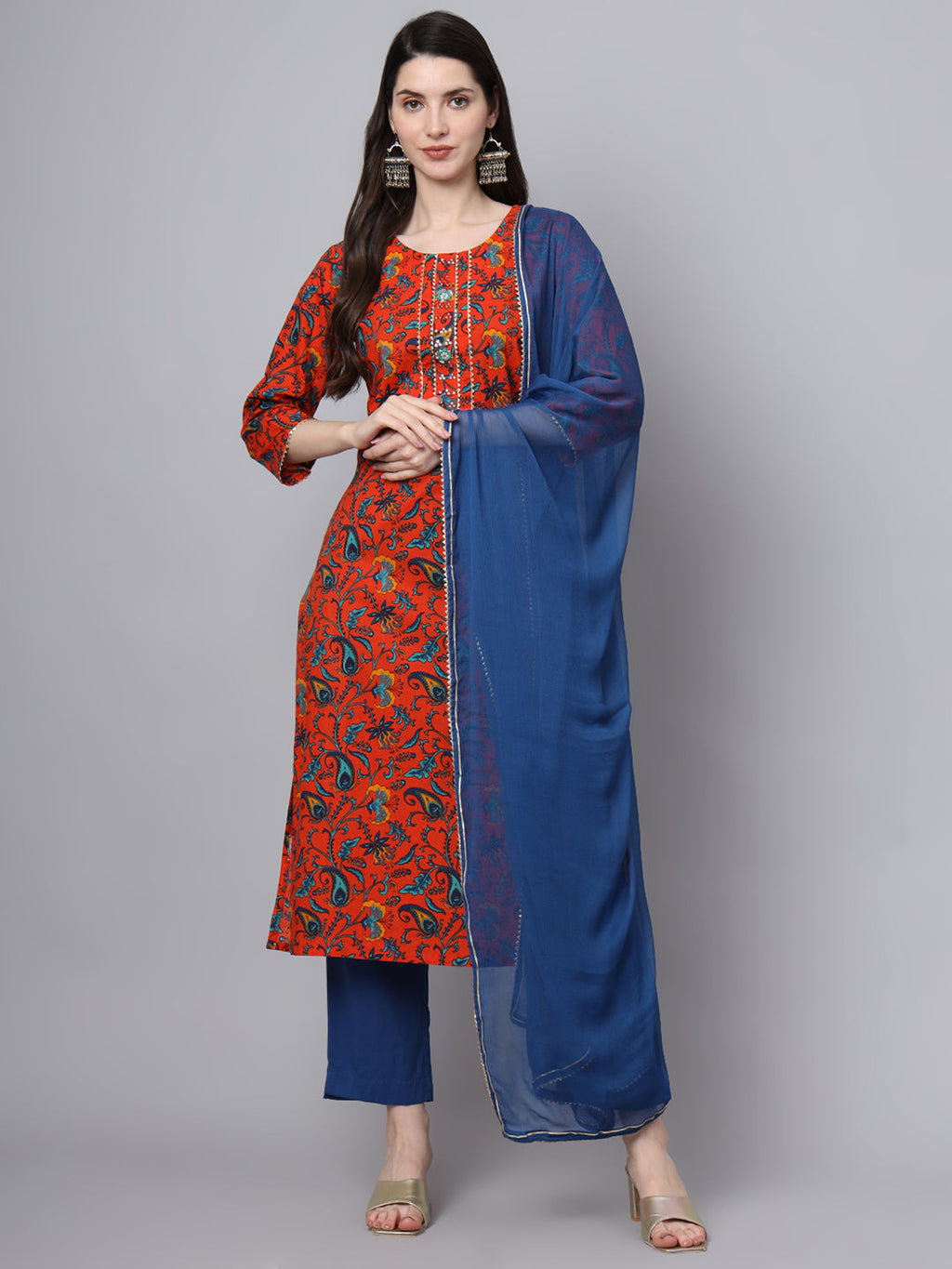 Noe Velarro Floral Printed Gotta Patti Pure Cotton Kurta With Trousers & Dupatta