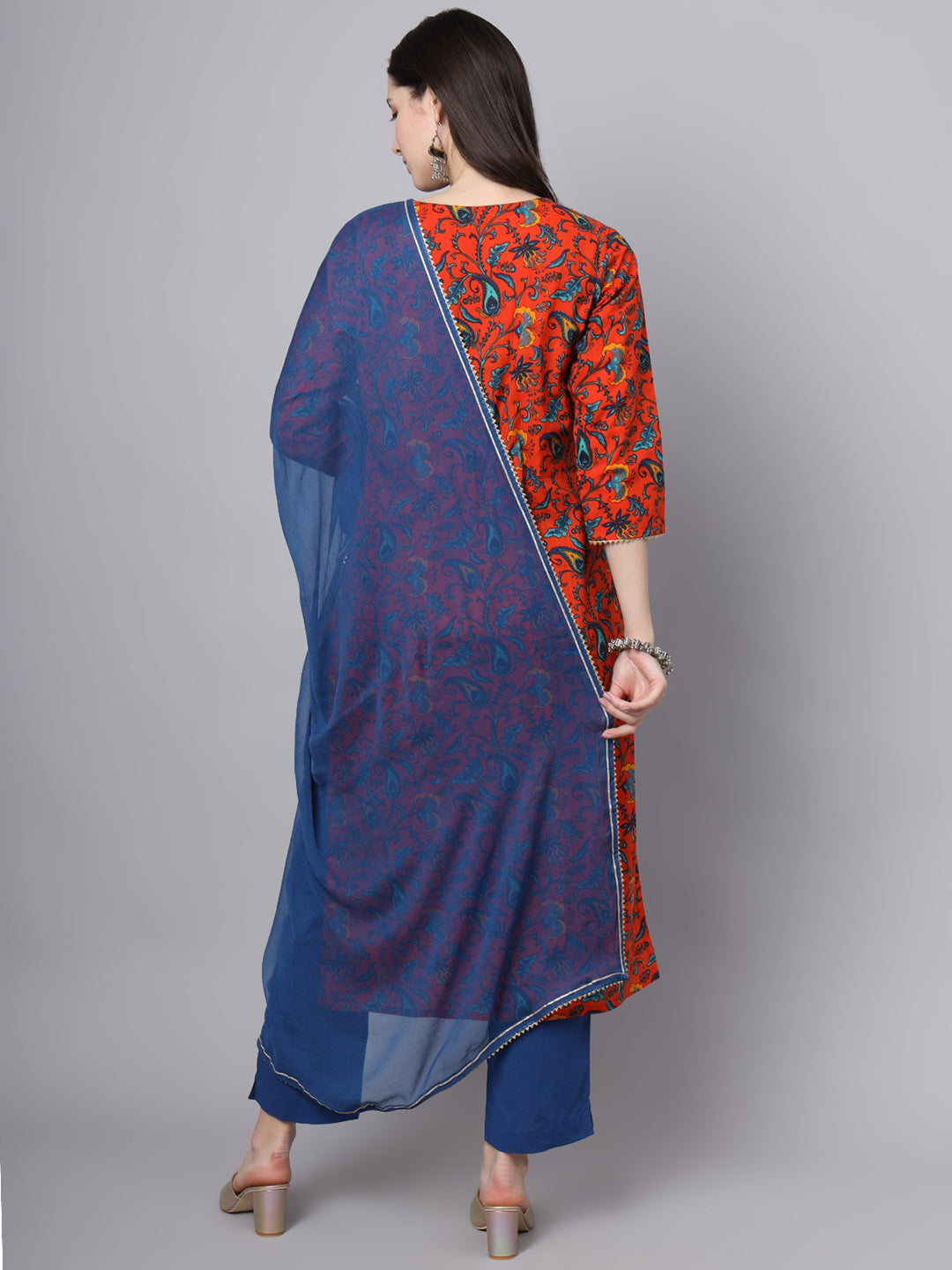 Noe Velarro Floral Printed Gotta Patti Pure Cotton Kurta With Trousers & Dupatta