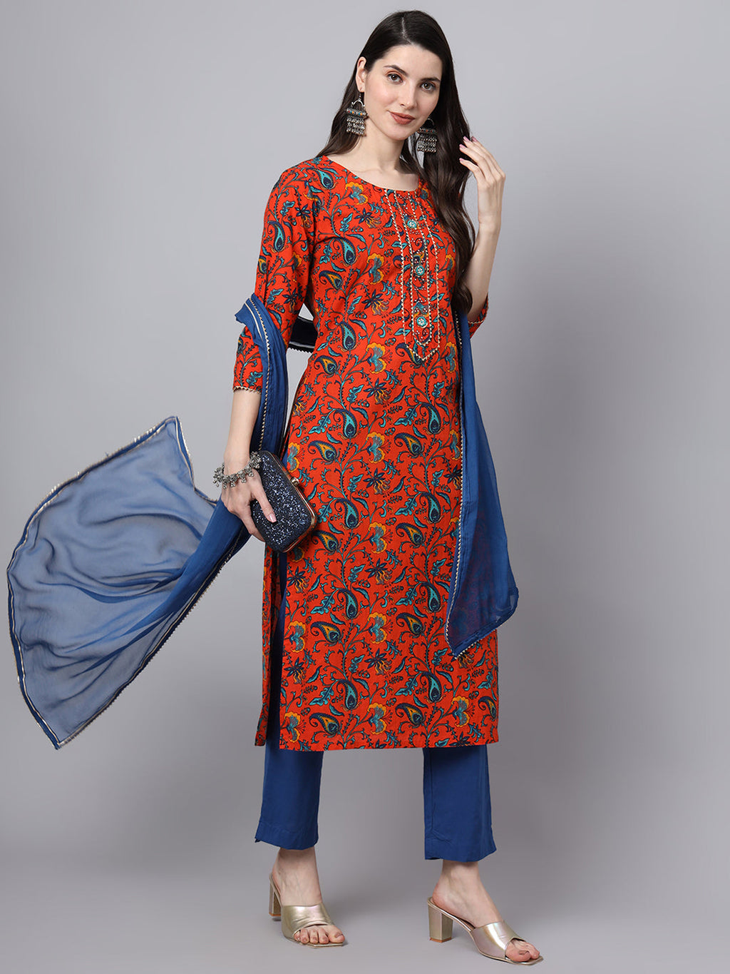 Noe Velarro Floral Printed Gotta Patti Pure Cotton Kurta With Trousers & Dupatta
