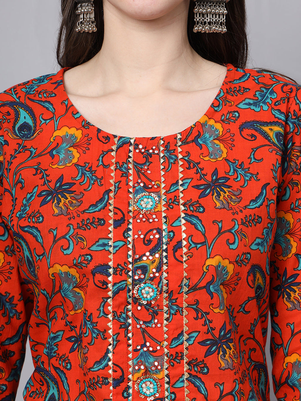 Noe Velarro Floral Printed Gotta Patti Pure Cotton Kurta With Trousers & Dupatta
