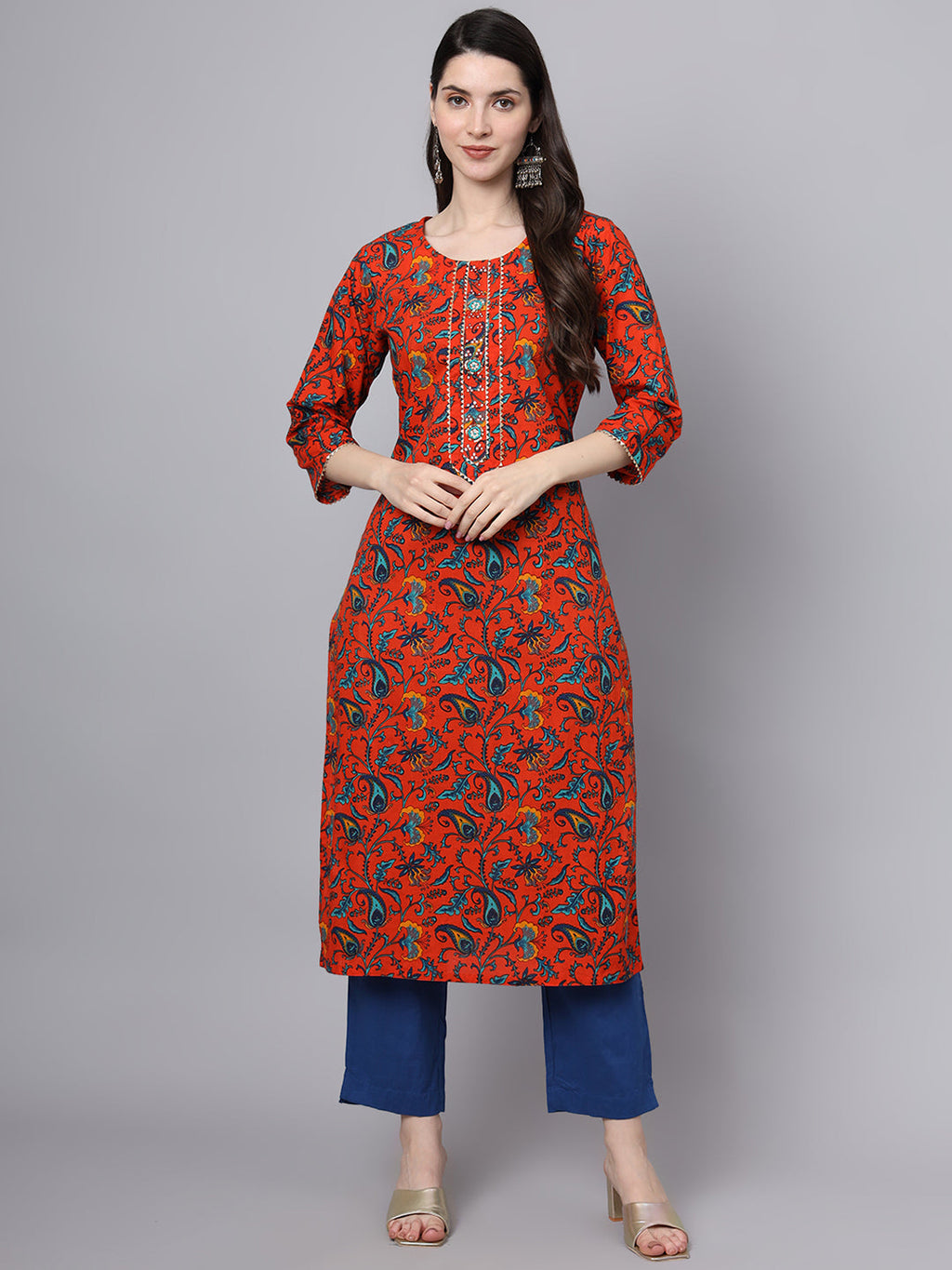 Noe Velarro Floral Printed Gotta Patti Pure Cotton Kurta With Trousers & Dupatta