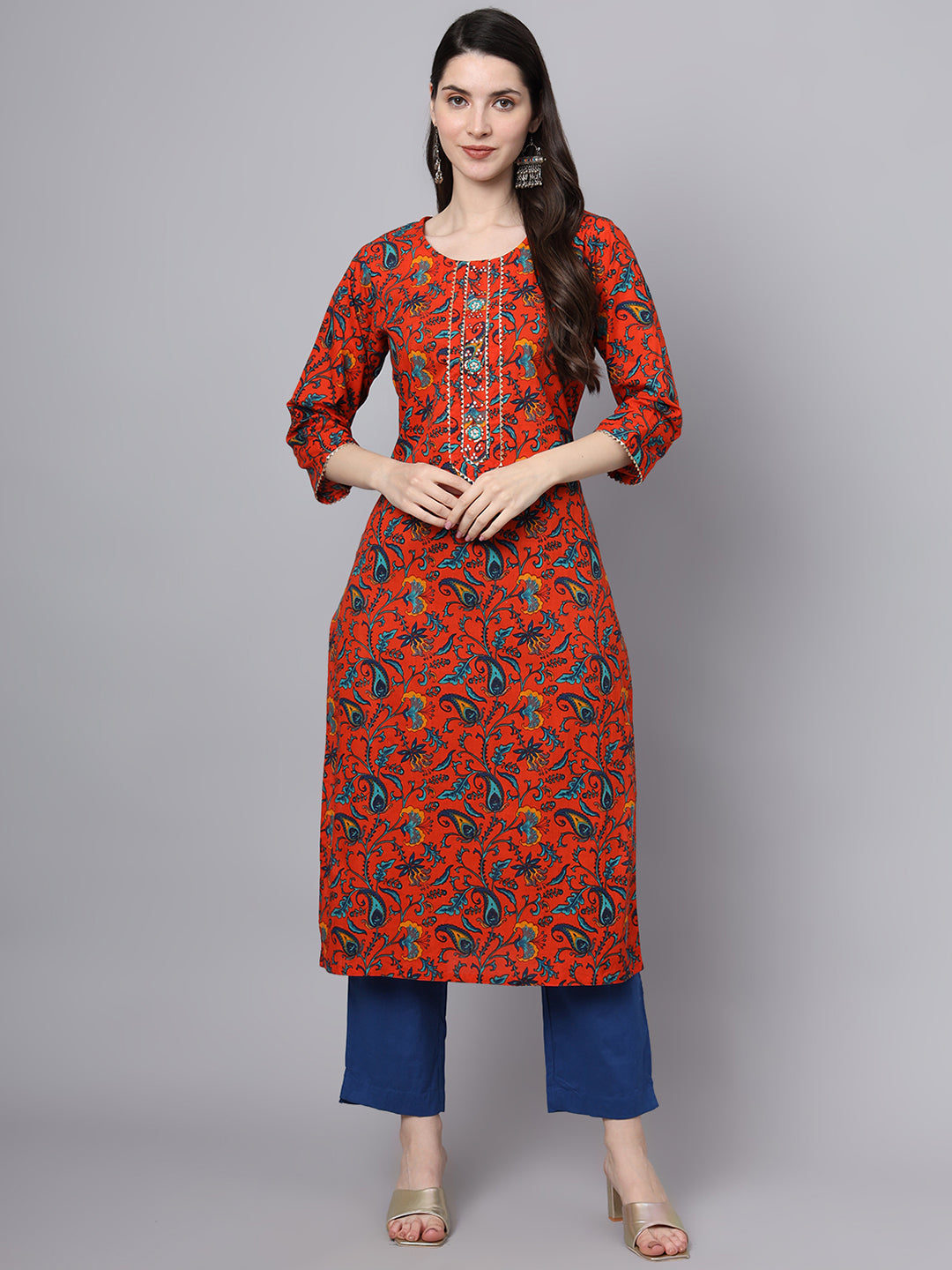 Noe Velarro Floral Printed Gotta Patti Pure Cotton Kurta With Trousers & Dupatta