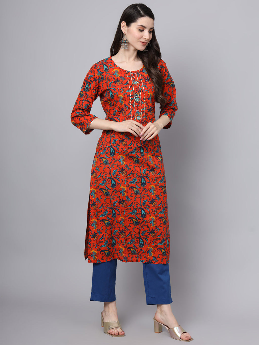 Noe Velarro Floral Printed Gotta Patti Pure Cotton Kurta With Trousers & Dupatta