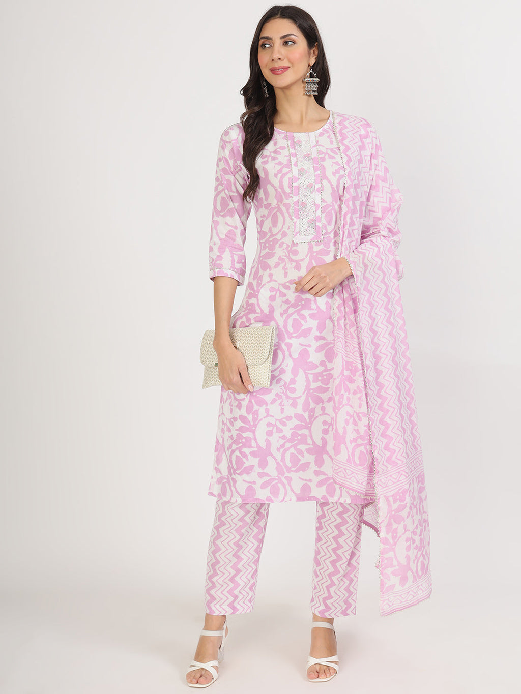 Noe Velarro Purple Floral Print Cotton Kurta pant with Dupatta set