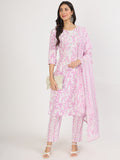 Noe Velarro Purple Floral Print Cotton Kurta pant with Dupatta set