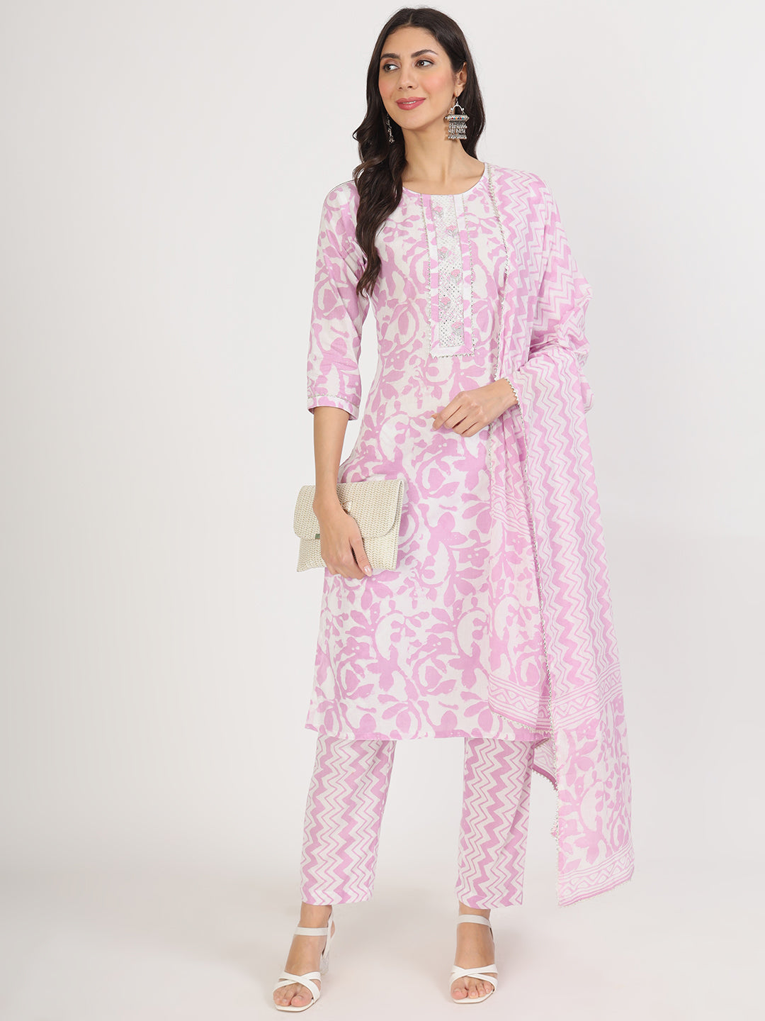 Noe Velarro Purple Floral Print Cotton Kurta pant with Dupatta set