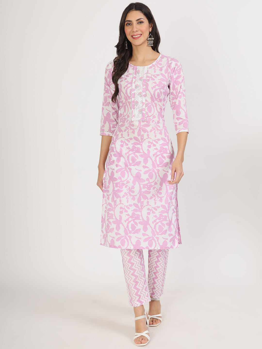 Noe Velarro Purple Floral Print Cotton Kurta pant with Dupatta set