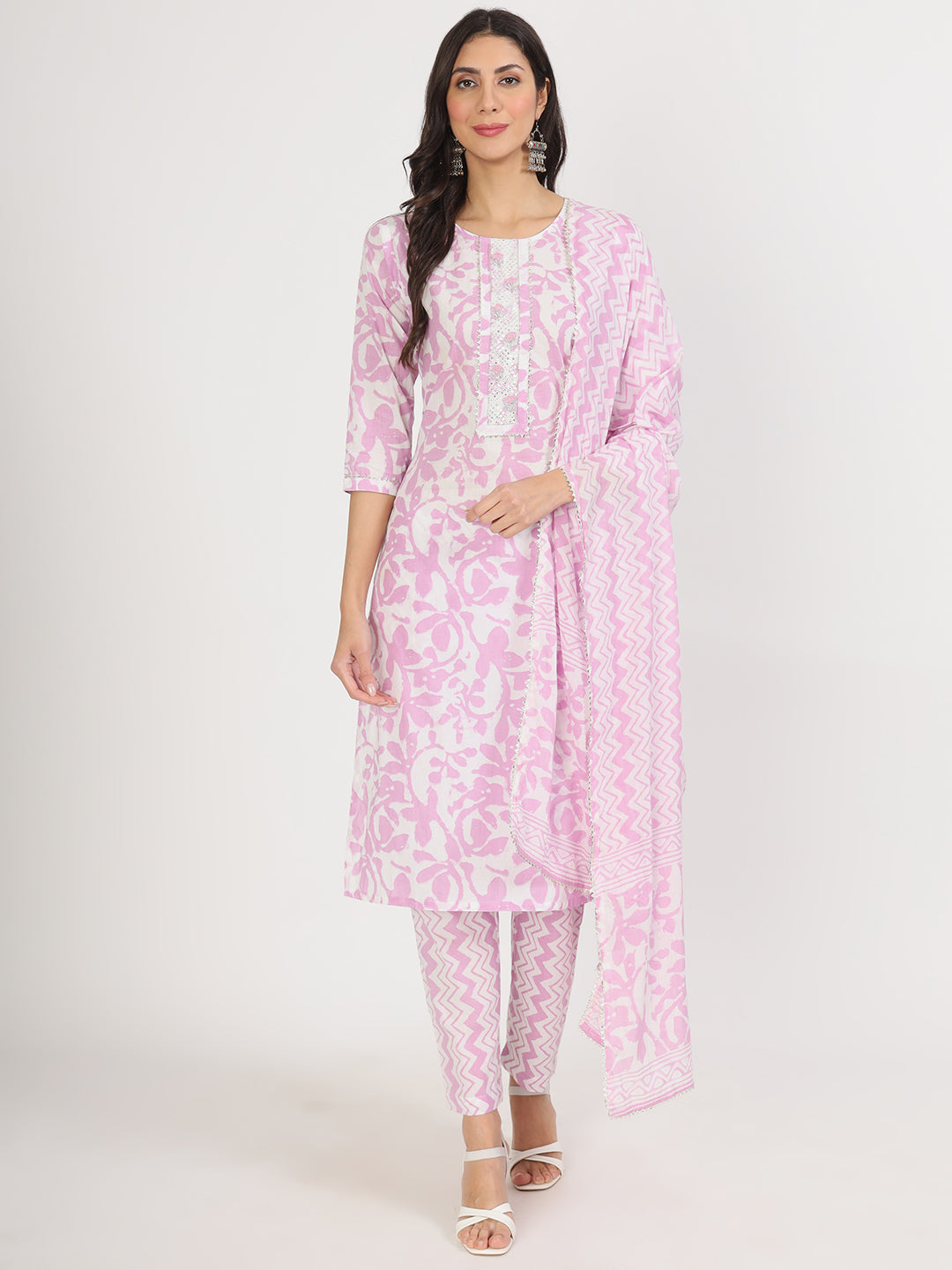 Noe Velarro Purple Floral Print Cotton Kurta pant with Dupatta set