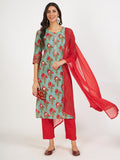 Noe Velarro Green Floral Print Cotton Kurta pant with Dupatta set