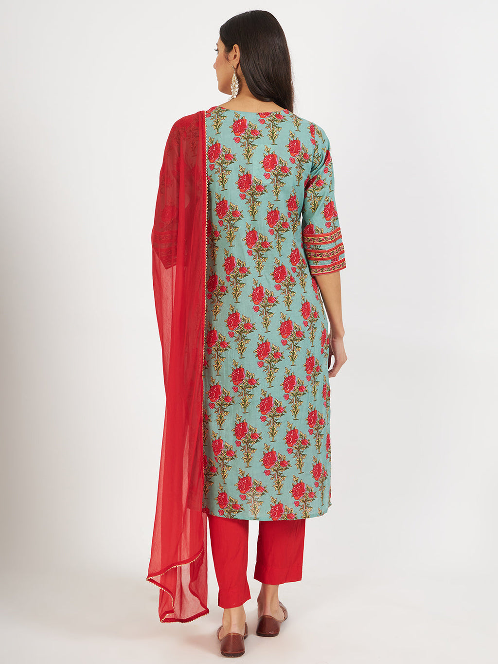 Noe Velarro Green Floral Print Cotton Kurta pant with Dupatta set