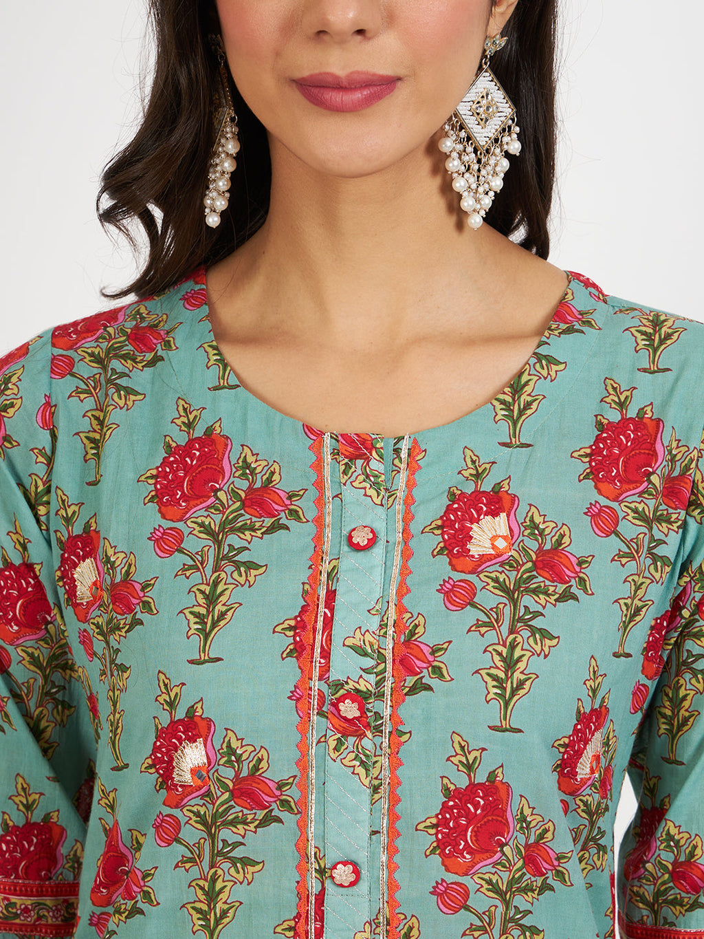 Noe Velarro Green Floral Print Cotton Kurta pant with Dupatta set