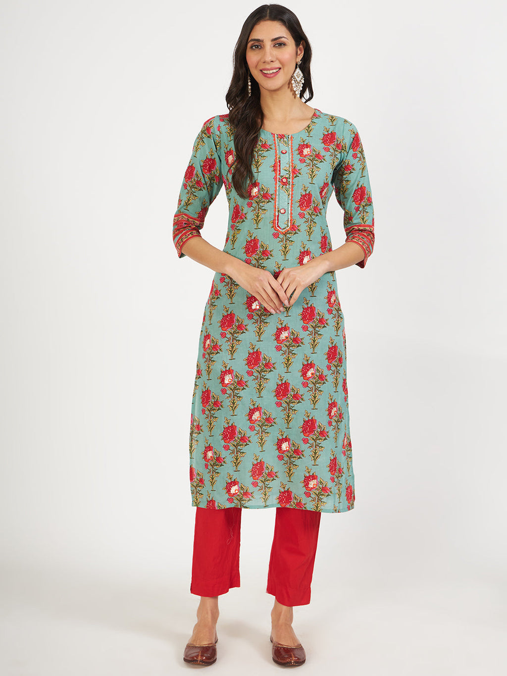 Noe Velarro Green Floral Print Cotton Kurta pant with Dupatta set