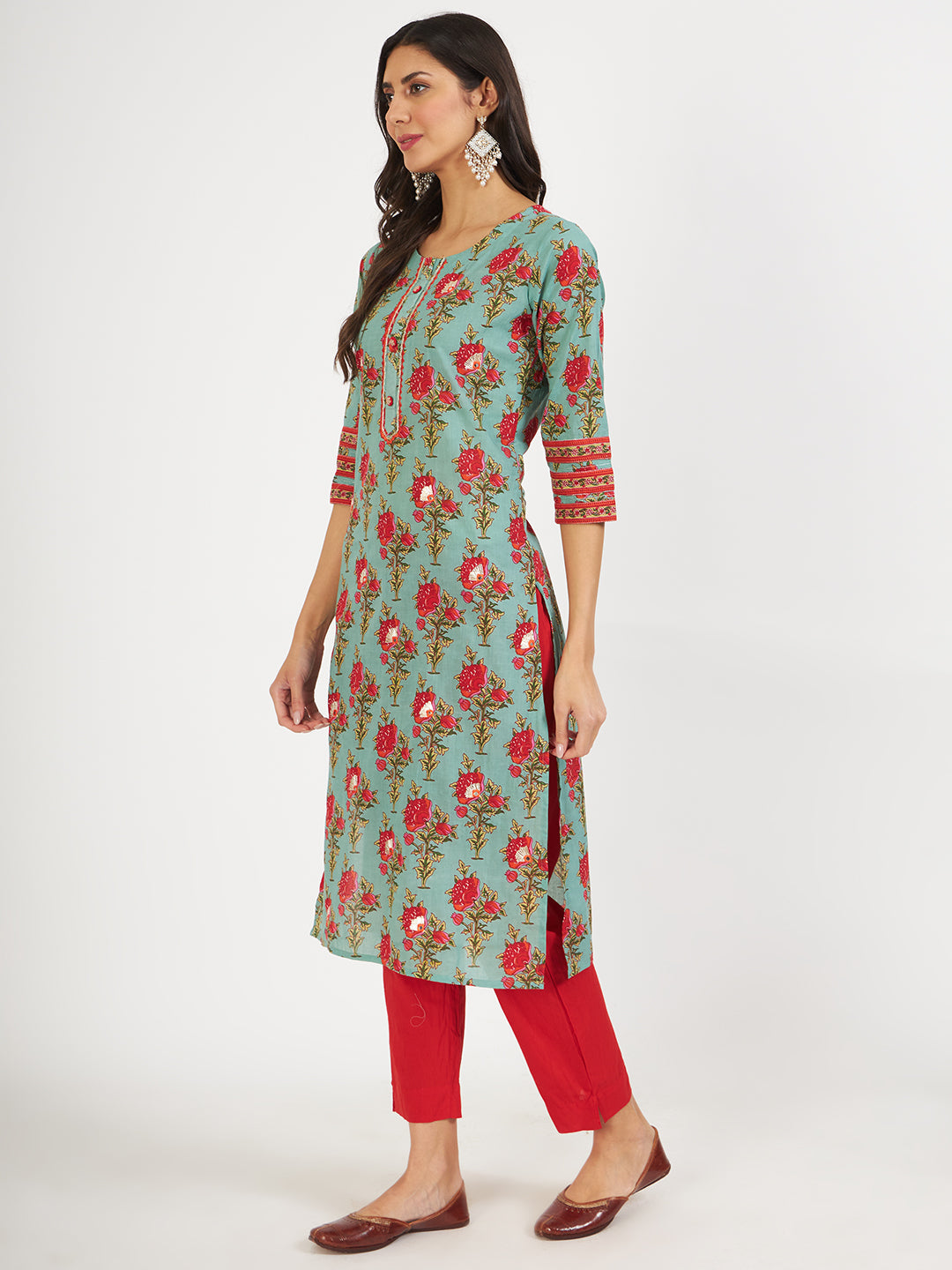 Noe Velarro Green Floral Print Cotton Kurta pant with Dupatta set