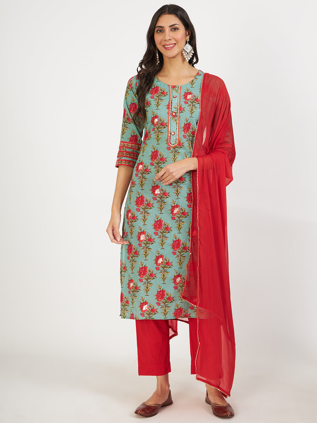 Noe Velarro Green Floral Print Cotton Kurta pant with Dupatta set