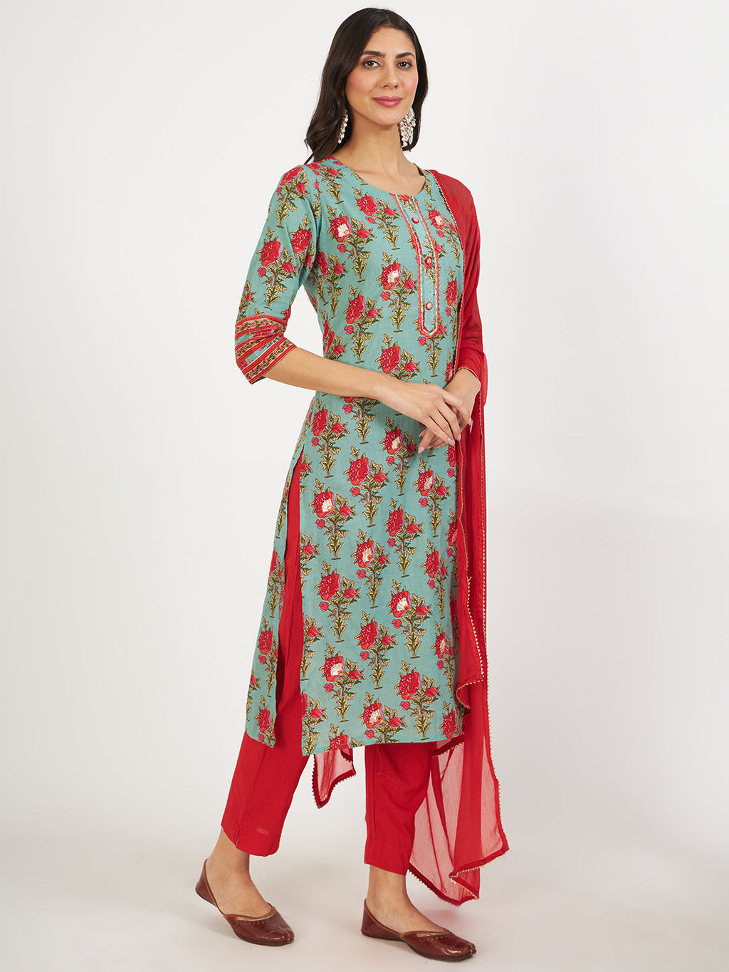 Noe Velarro Green Floral Print Cotton Kurta pant with Dupatta set