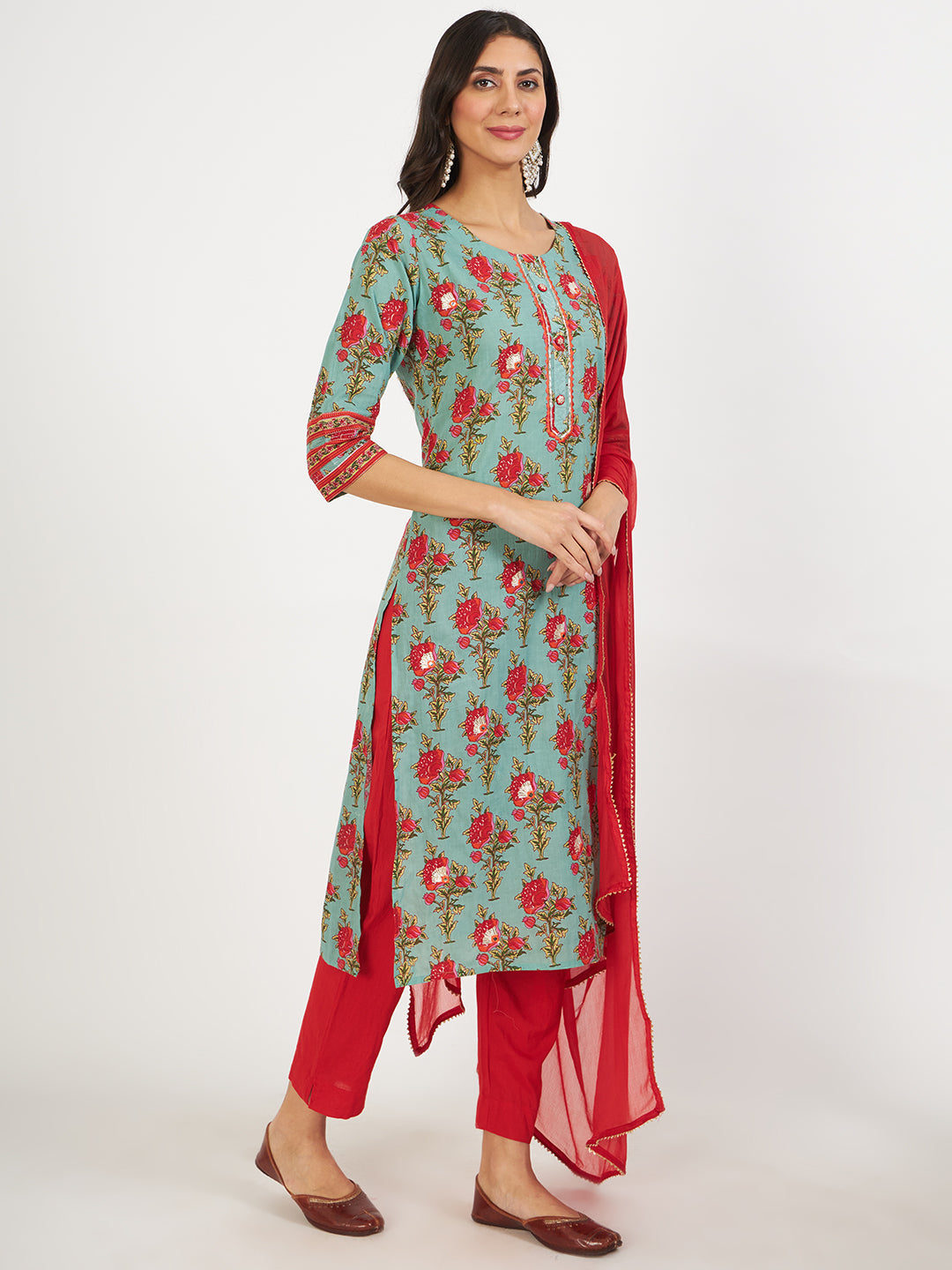 Noe Velarro Green Floral Print Cotton Kurta pant with Dupatta set