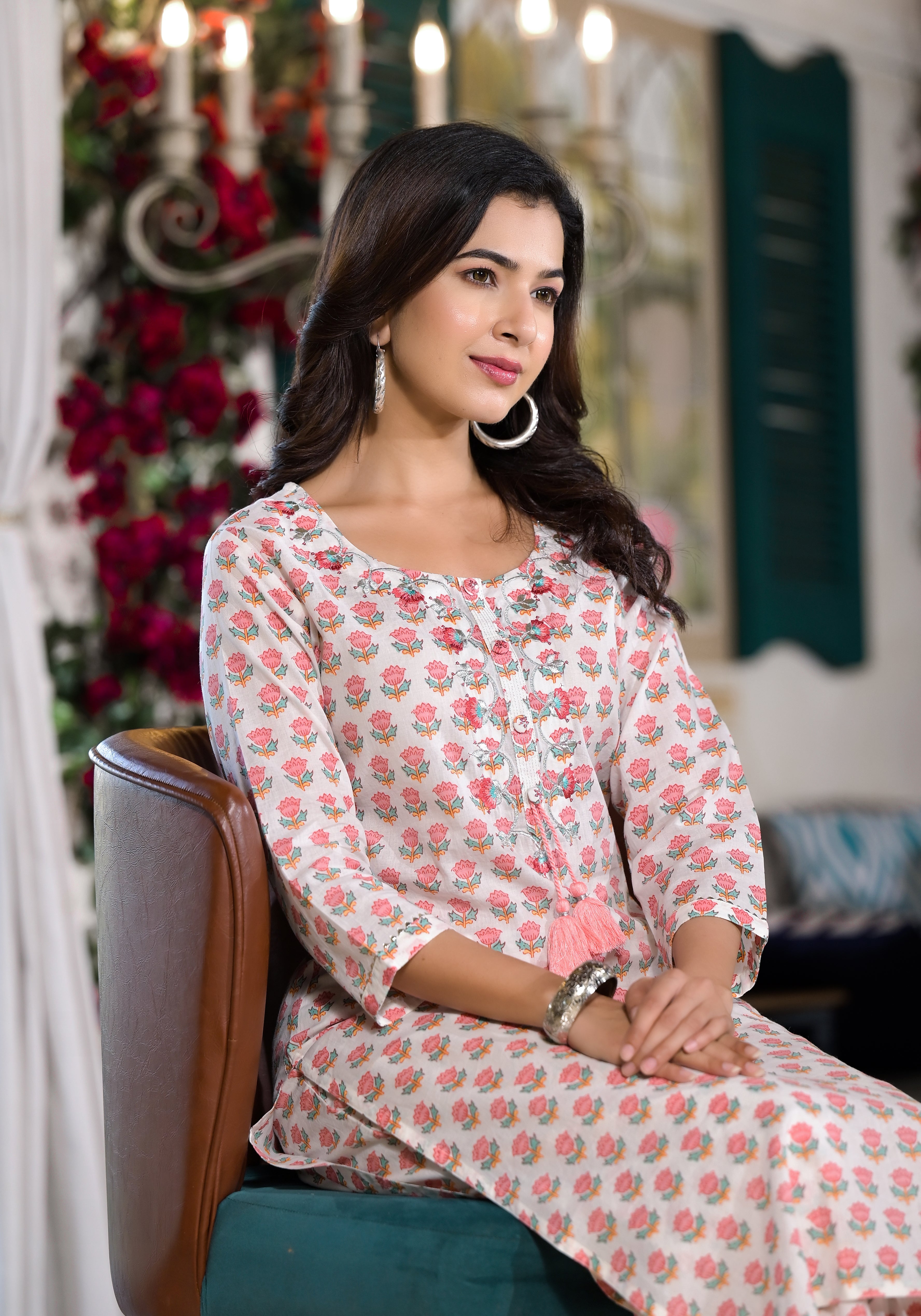 Noe Velarro White & Pink Floral Printed Cotton Kurta with Trouser