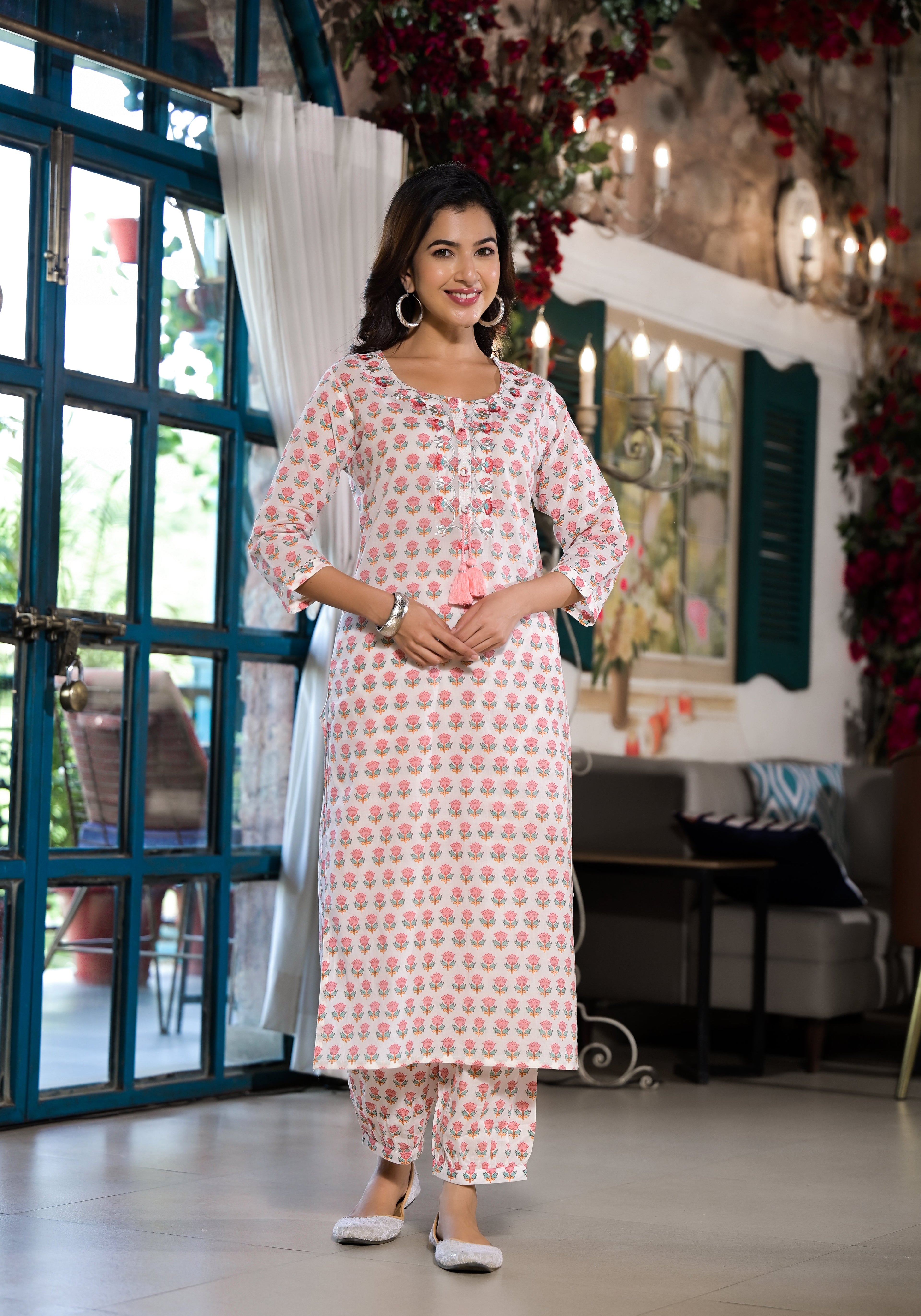 Noe Velarro White & Pink Floral Printed Cotton Kurta with Trouser