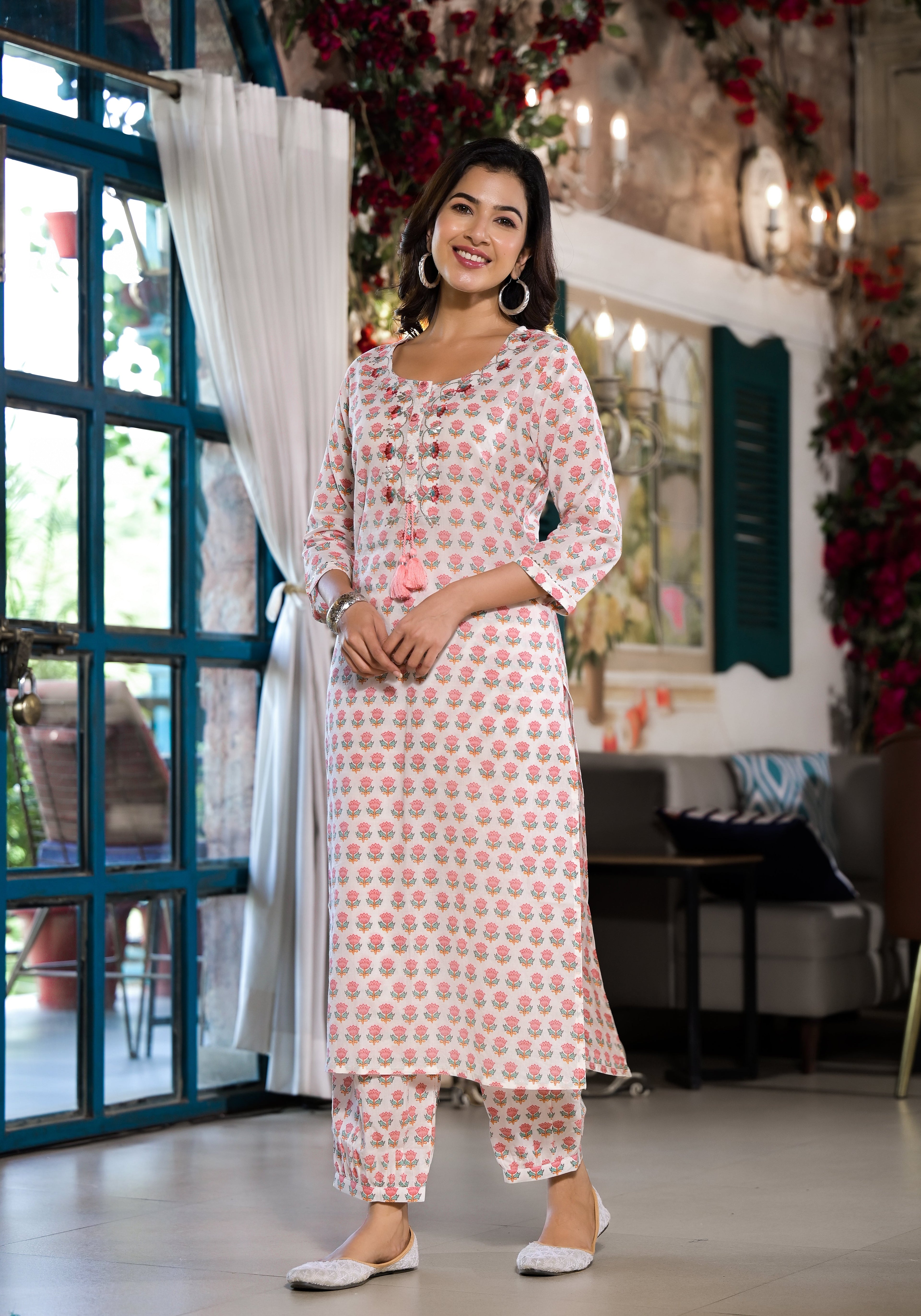 Noe Velarro White & Pink Floral Printed Cotton Kurta with Trouser