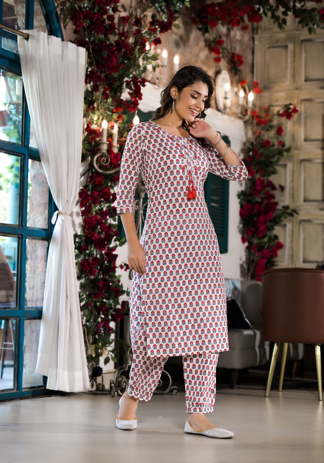 Noe Velarro White & Red Floral Printed Cotton Kurta with Trouser