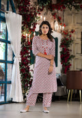 Noe Velarro White & Red Floral Printed Cotton Kurta with Trouser
