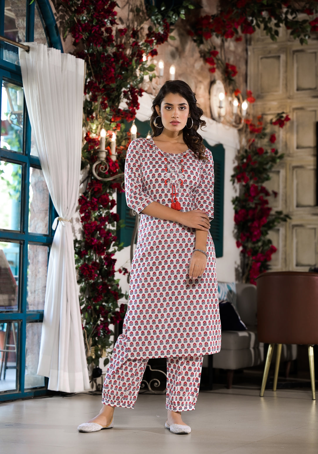 Noe Velarro White & Red Floral Printed Cotton Kurta with Trouser