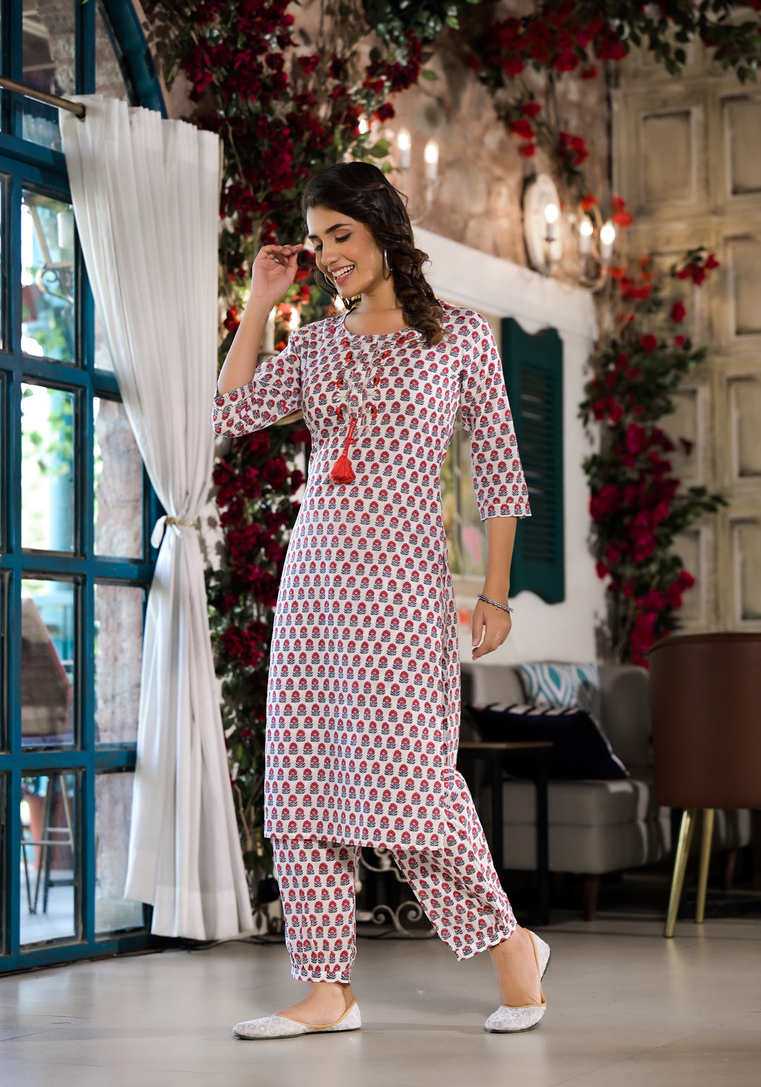 Noe Velarro White & Red Floral Printed Cotton Kurta with Trouser