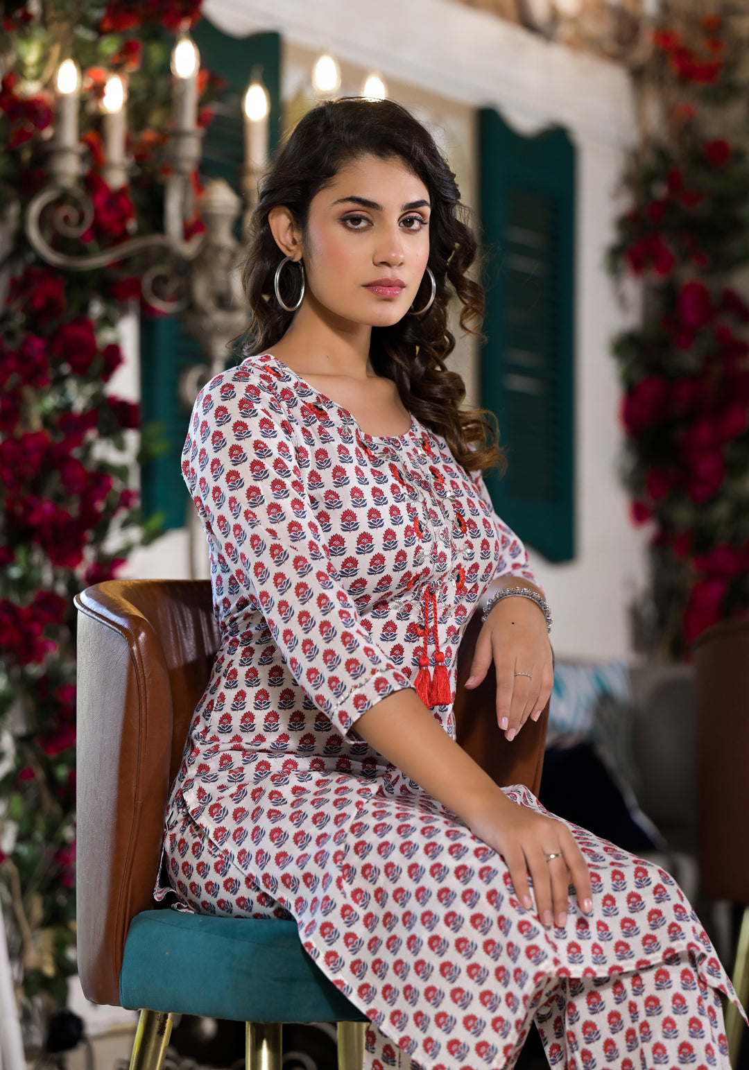Noe Velarro White & Red Floral Printed Cotton Kurta with Trouser