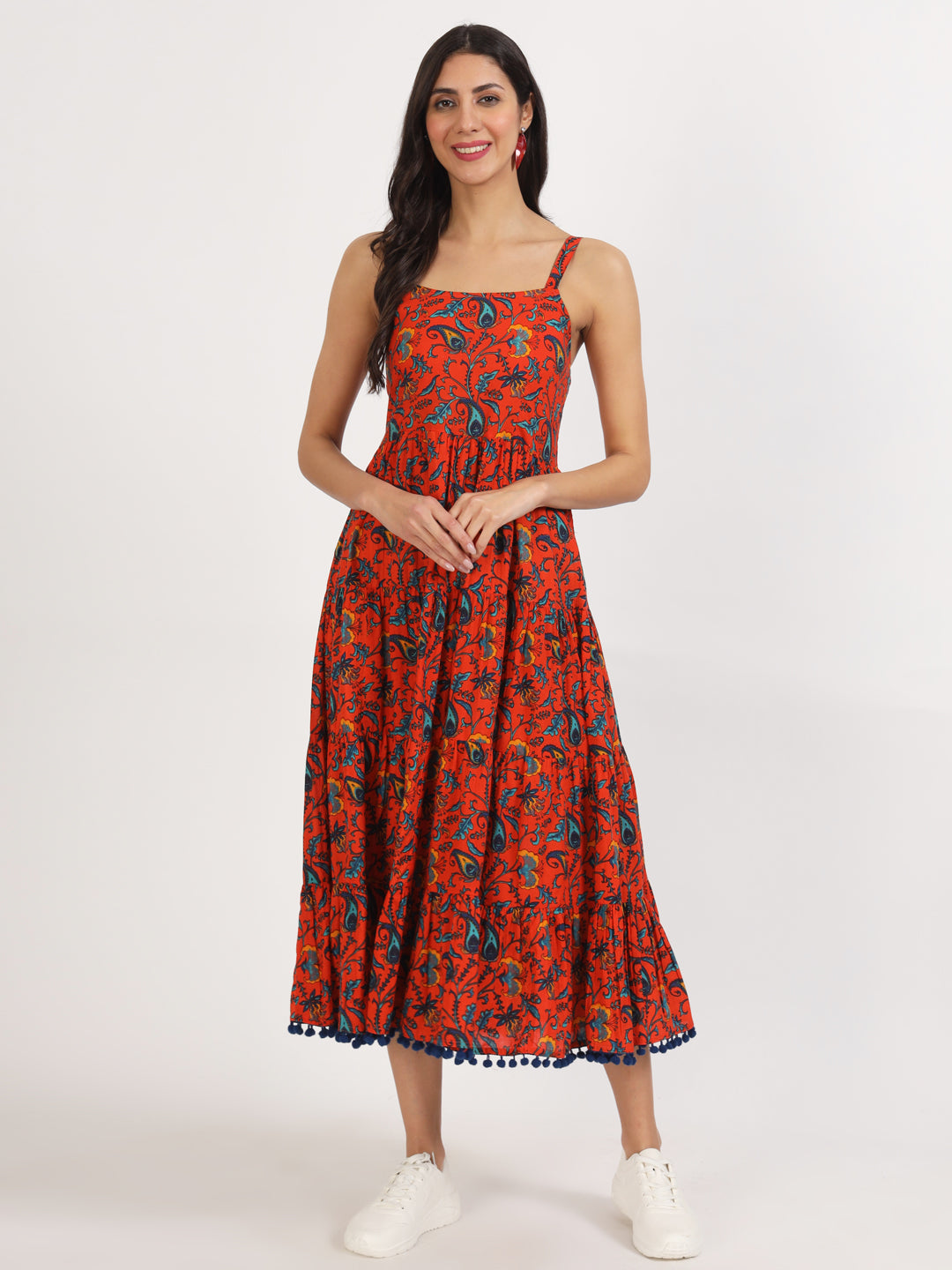 Noe Velarro Red Floral Printed Cotton Dress