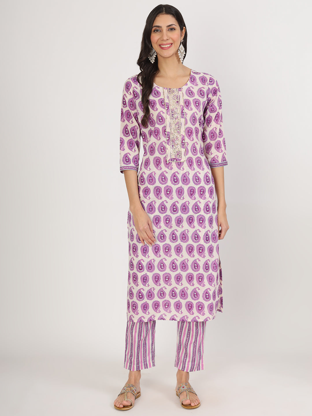 Noe Velarro Purple Floral Printed Straight Kurta Pant Set