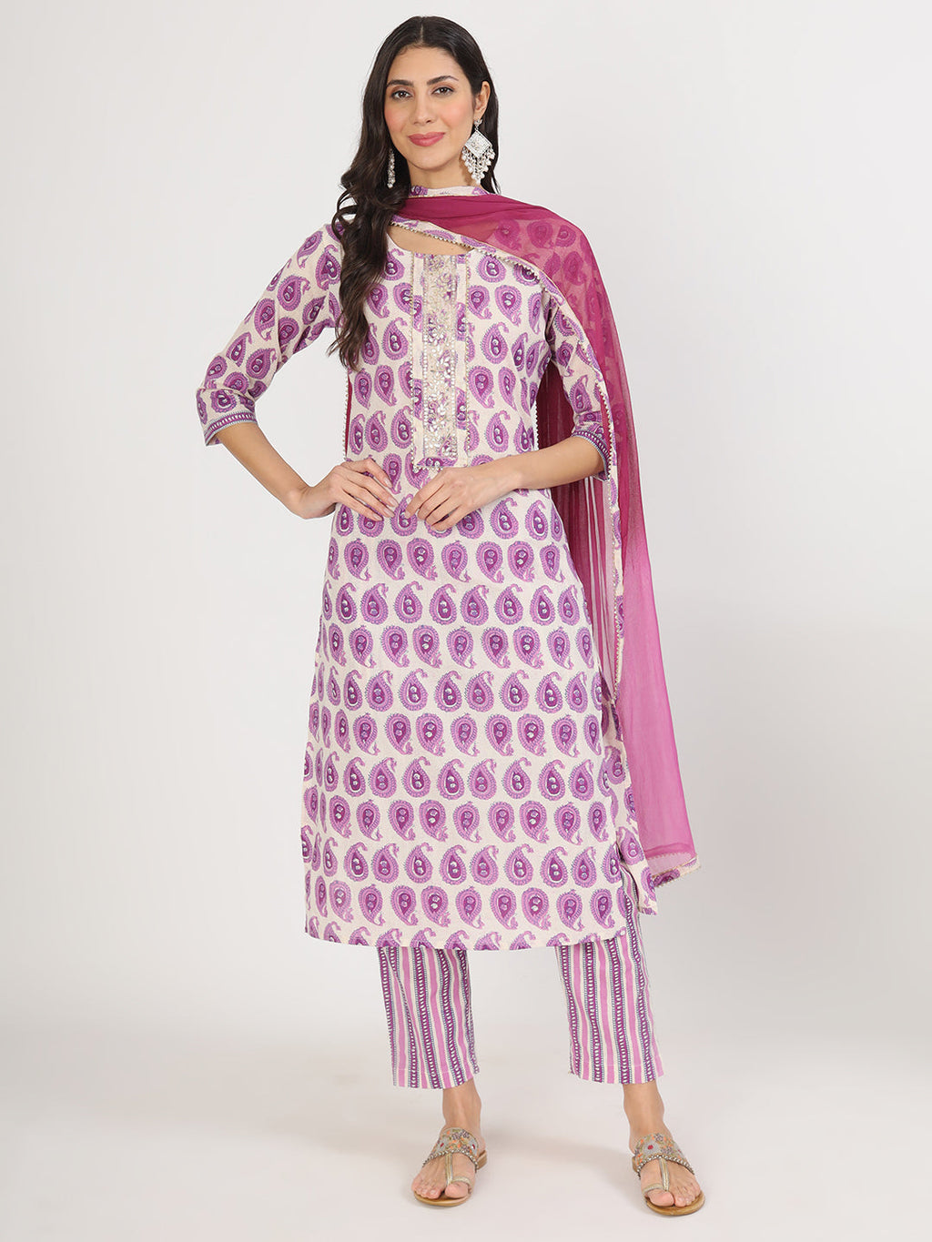 Noe Velarro Purple Floral Printed Straight Kurta Pant Set