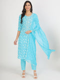 Noe Velarro turquoise blue Floral Print Cotton Kurta pants with Dupatta set for women