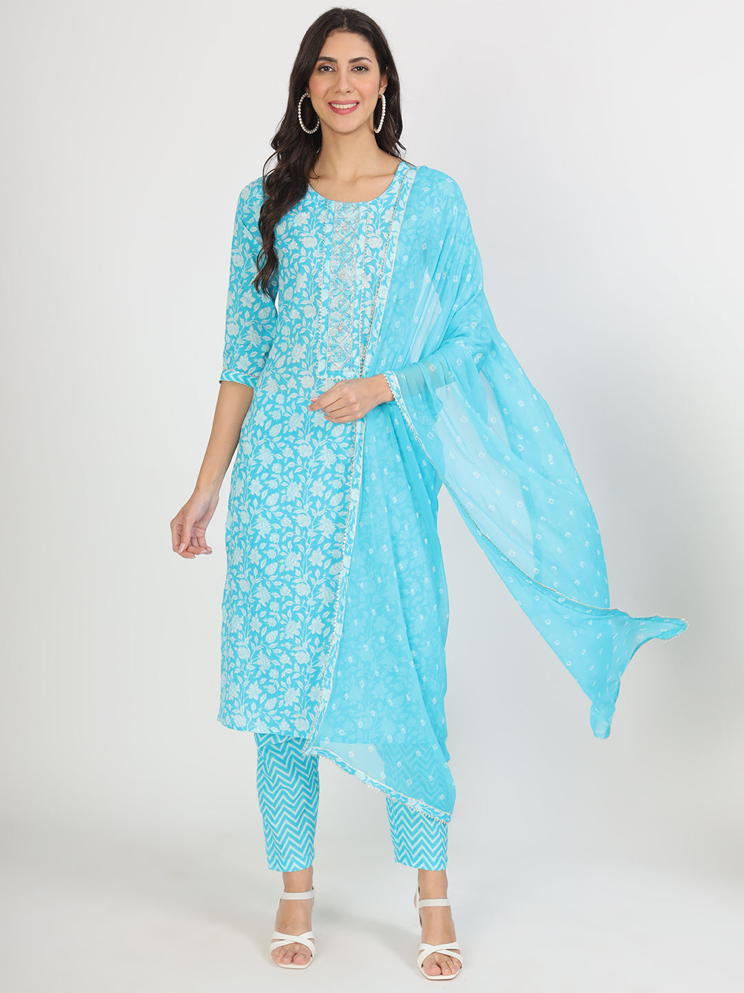 Noe Velarro turquoise blue Floral Print Cotton Kurta pants with Dupatta set for women