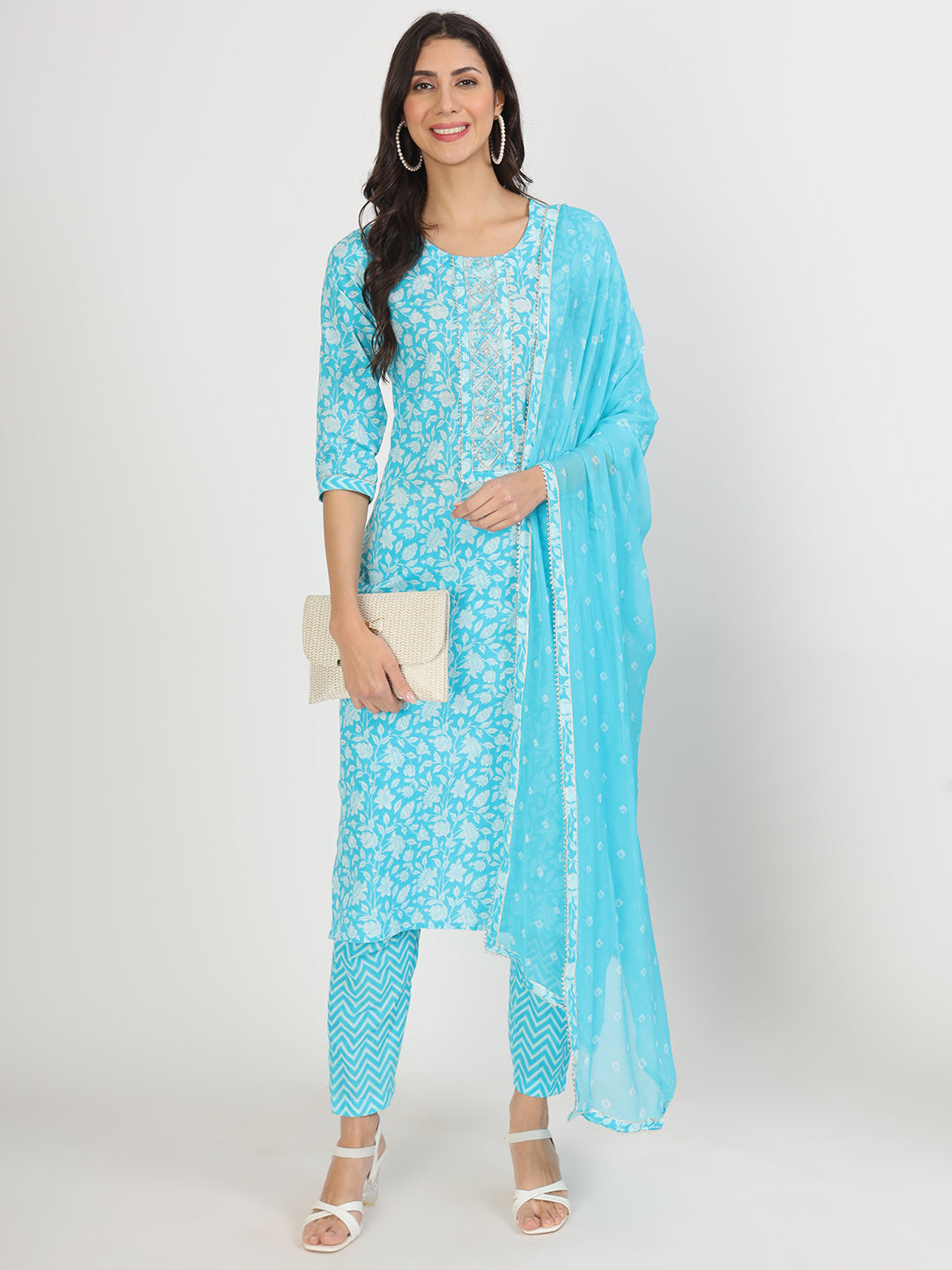 Noe Velarro turquoise blue Floral Print Cotton Kurta pants with Dupatta set for women