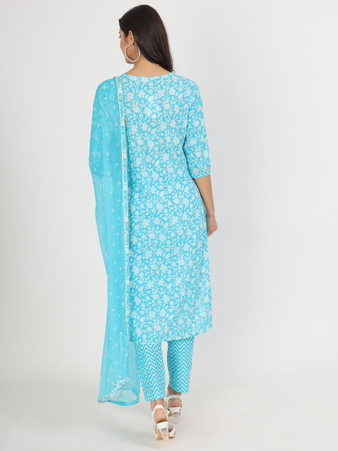 Noe Velarro turquoise blue Floral Print Cotton Kurta pants with Dupatta set for women