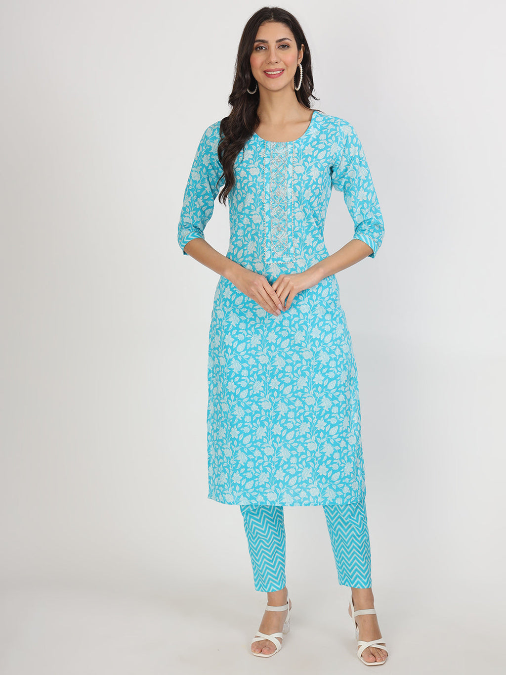 Noe Velarro turquoise blue Floral Print Cotton Kurta pants with Dupatta set for women