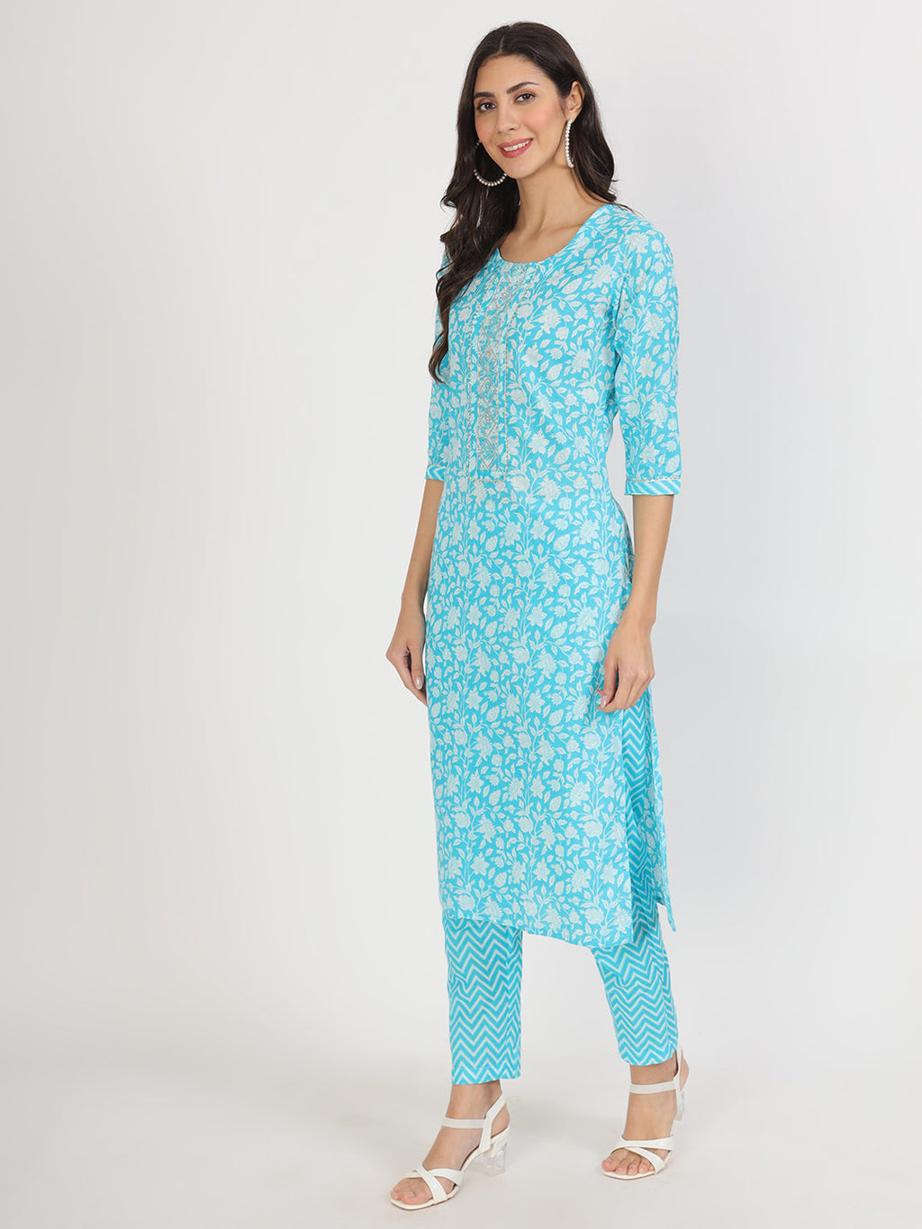 Noe Velarro turquoise blue Floral Print Cotton Kurta pants with Dupatta set for women