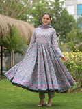 Noe Velarro Floral Printed Round Neck Pure Cotton Anarkali Kurta With Trousers & Dupatta