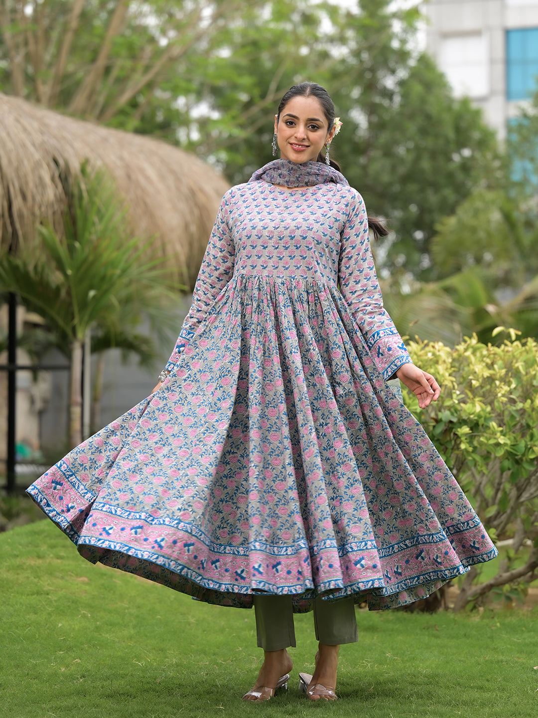 Noe Velarro Floral Printed Round Neck Pure Cotton Anarkali Kurta With Trousers & Dupatta