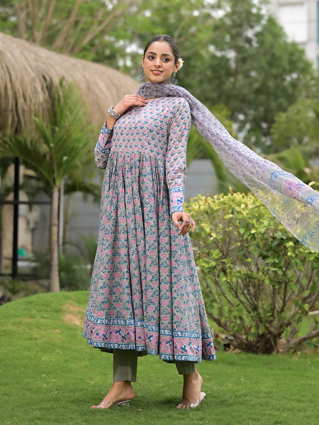 Noe Velarro Floral Printed Round Neck Pure Cotton Anarkali Kurta With Trousers & Dupatta
