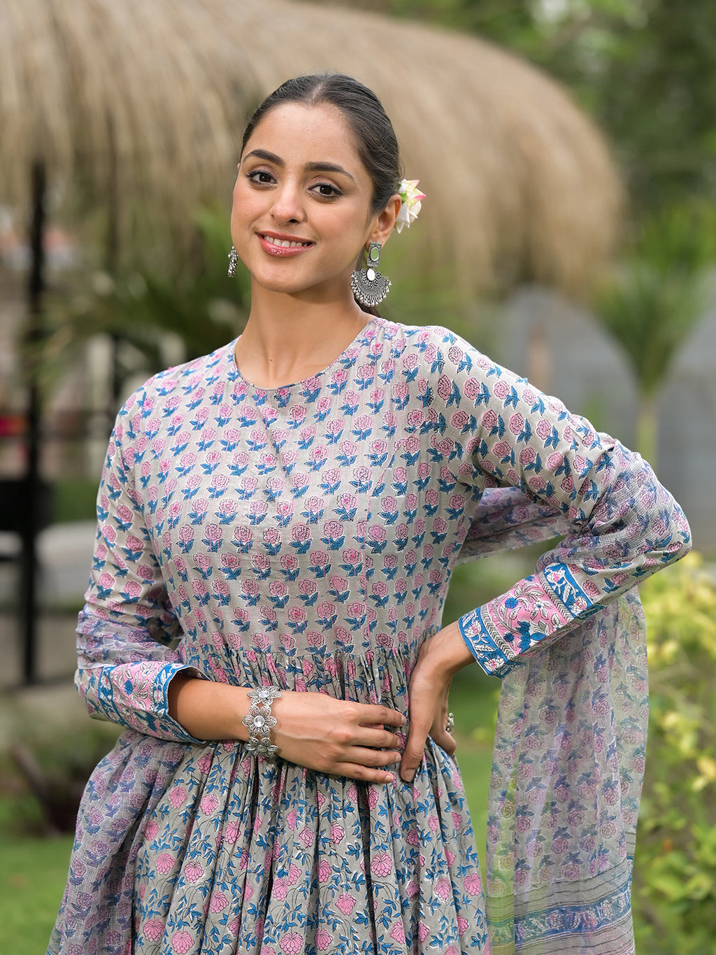 Noe Velarro Floral Printed Round Neck Pure Cotton Anarkali Kurta With Trousers & Dupatta